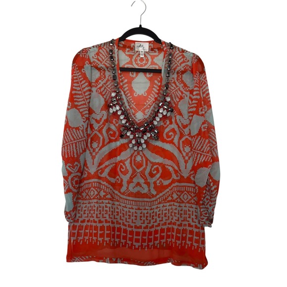 Milly Tops - Milly of New York Orange Ikat Silk Blend Beaded V-Neck Tunic Blouse Size 8 Airy